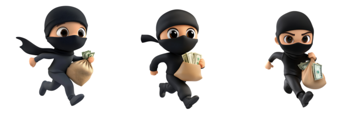 Set of a 3D cartoon thief running with a money bag, isolated on a transparent background
