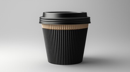 Closeup of a sleek black paper cup designed for hot beverages, featuring textured ridges on its surface, perfect for cafes and takeout. Ideal for environmentally conscious consumers