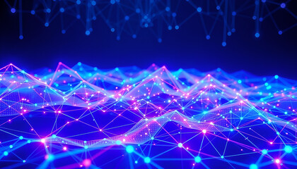 Digital world concept with 3D holographic networks and vibrant color schemes of blue and purple.