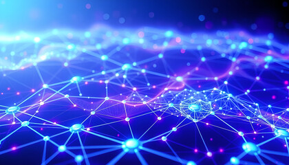 Digital world concept with 3D holographic networks and vibrant color schemes of blue and purple.