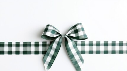 Green and White Check Ribbon Bow on Simple White Background