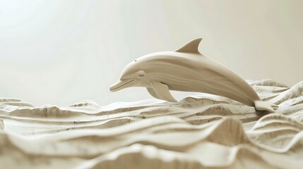 Minimalistic sand sculpture of a dolphin on white.
