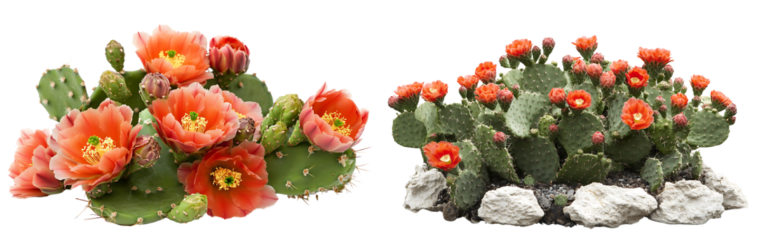 Set of a prickly pear cactus with red flowers and fruit, isolated on a transparent background.