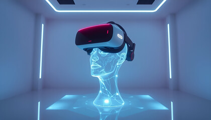Immersive AR/VR headset projecting hyper-realistic holograms in a minimalist futuristic room.