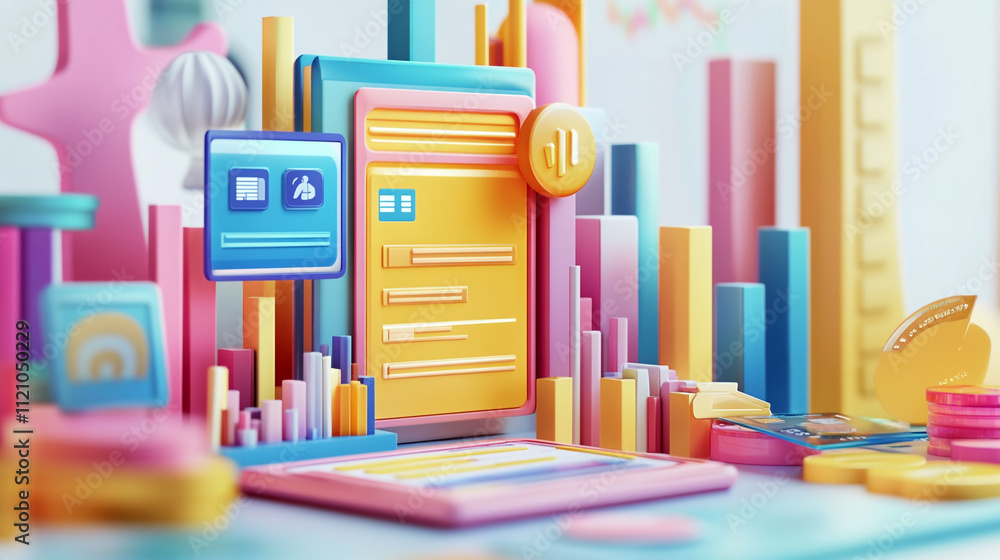 Aufkleber retro futuristic minimalist ppt design with 3d elements of data charts, colorful business charts wit