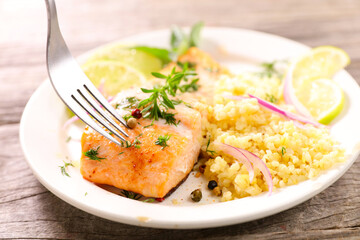 fried salmon steak with bulgur