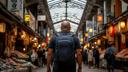 A lone traveler with a backpack walks through a bustling, vibrant Japanese market, showcasing the rich culture and atmosphere of the street.