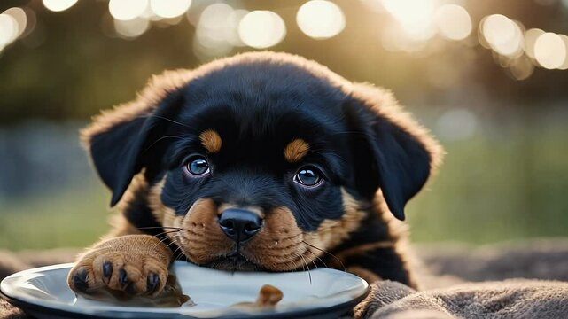 rottweiler puppy holding bowl mouth video dog food eat ravenous meal fun play run breed dish meadow baby lawn sweet pedigreed pedigree carry jump summer walk cute family small funny