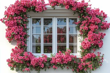 Pink Bougainvillea cascading over a white window