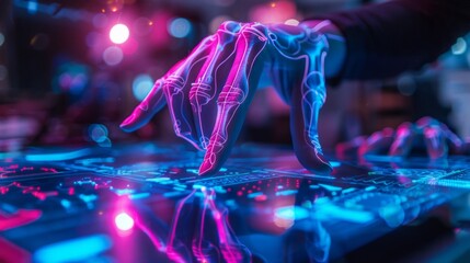 A close-up of a robotic hand interaction with a digital interface, illuminated by vibrant neon lights, symbolizing advanced technology and artificial intelligence.