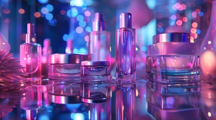 A collection of futuristic skincare products displayed with neon lighting and reflective surfaces, cosmetic packaging for rejuvenation for dermatology of feminine, lotion or cream.