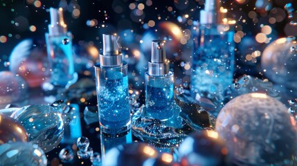 A collection of futuristic skincare products displayed with neon lighting and reflective surfaces, cosmetic packaging for rejuvenation for dermatology of feminine, lotion or cream.