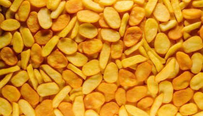 Fried potatoes, top view, background.