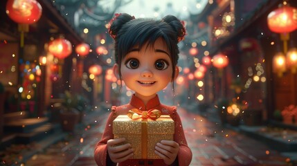 Adorable girl in traditional dress holding a gift in a festive lantern-lit street.