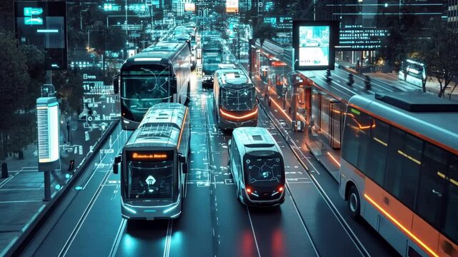 A connected public transportation hub where AI-driven buses, trains, and ride-sharing vehicles operate in harmony, with digital screens displaying real-time schedules and routes.