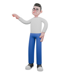 Cartoon Character 3D Model Video Editor Design. A male video editor stands with his right hand extended to the side and his left hand on his waist, embracing expression. Design Character.