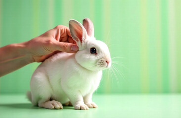 Obraz premium A hand gently pets a fluffy white rabbit in a soft green interior, showing affection and care in a warm atmosphere