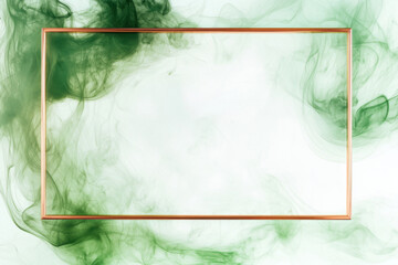 Elegant abstract artwork featuring a golden rectangular frame surrounded by swirling green smoke on a white background.