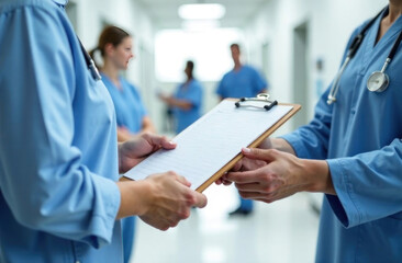 Two medical staff members exchange a clipboard while discussing patient information in a hospital environment