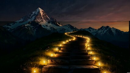 The idea of the path to success is a path of glowing lights that ascends a mountain.AI-generated