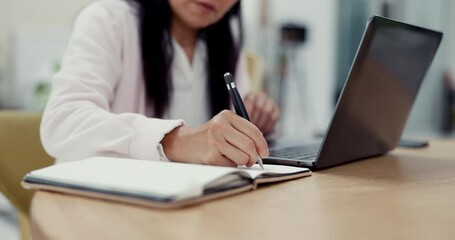 Hands, woman and writing on notebook with laptop on research for headline story as journalist. Closeup, female person and remote work as freelancer on news website for publication or deadline at home