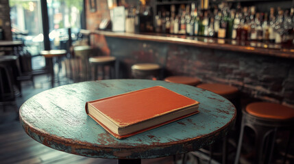 A rustic, teal-colored table in a dimly lit bar holds a closed, orange book. The background features a blurred-out bar with bottles and stools. A quiet, contemplative mood.