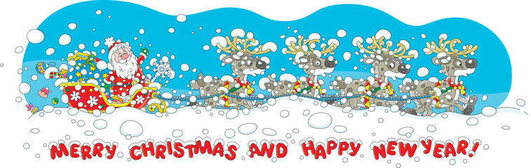 Obraz premium Santa Claus with holiday gifts riding in his magic sleigh with a team of flying reindeers through heavy snowstorm and snowdrifts on a snowy night before Christmas, vector cartoon illustration