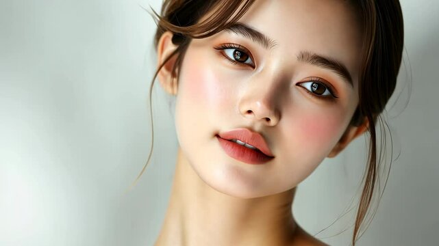 close up face portrait with natural light of young pretty Japanese woman with bright flawless clean clear skin with light makeup, beauty cosmetic or skincare fashion portrait concept