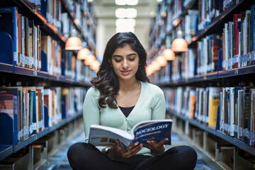 Young Indian Female Student in Light Green Cardigan Studying Sociology in Library