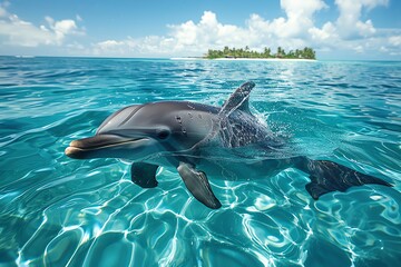 Obraz premium Dolphin swimming in turquoise ocean near tropical island.