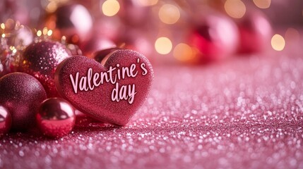 Fototapeta premium Pink glitter heart decor on Valentines card tinsel, perfect for festive love themed designs, greeting cards, invitations, or social media posts