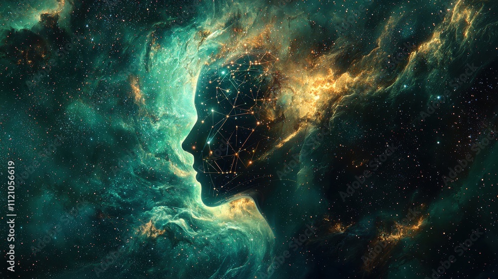 Poster dreamy human profile in a cosmic setting filled with neural patterns and celestial imagery
