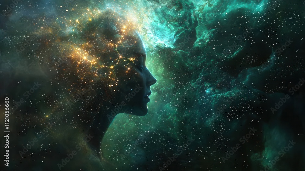 Aufkleber dreamy human profile with neural patterns in cosmic background filled with stars and colors