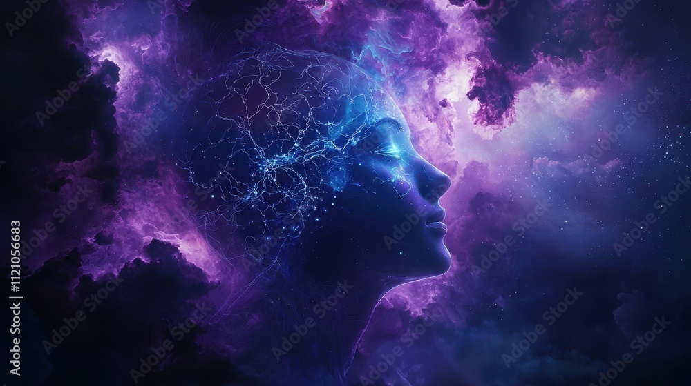 Poster futuristic neural network visualization inside a human head with glowing elements