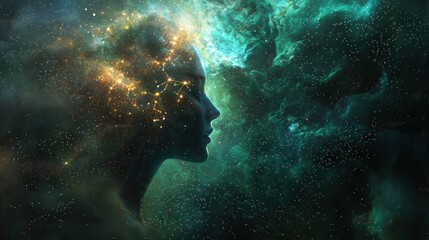 Dreamy Human Profile with Neural Patterns in Cosmic Background Filled with Stars and Colors