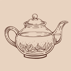 Teapot of tea with karkade. Hand drawn vector illustration in outline style.