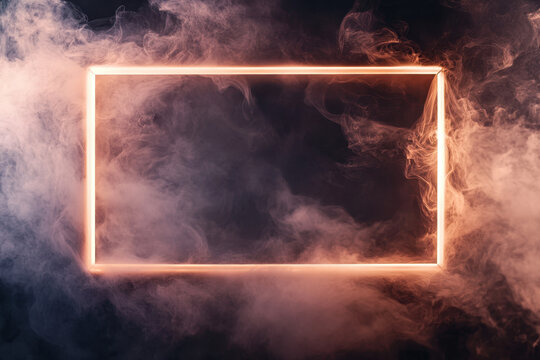 Abstract neon frame surrounded by swirling pink and gray smoke on a dark background, creating a mysterious and futuristic atmosphere.