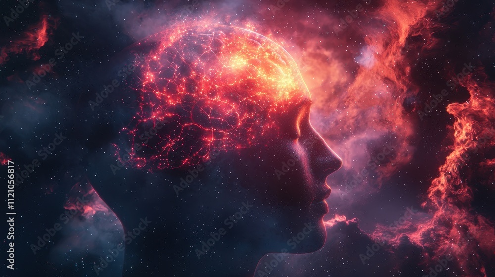 Poster glowing neural network visualization inside a human head surrounded by cosmic elements