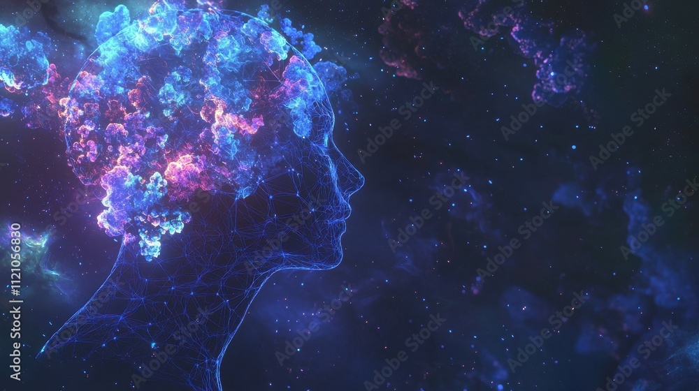 Aufkleber glowing digital profile head filled with neural patterns in cosmic environment