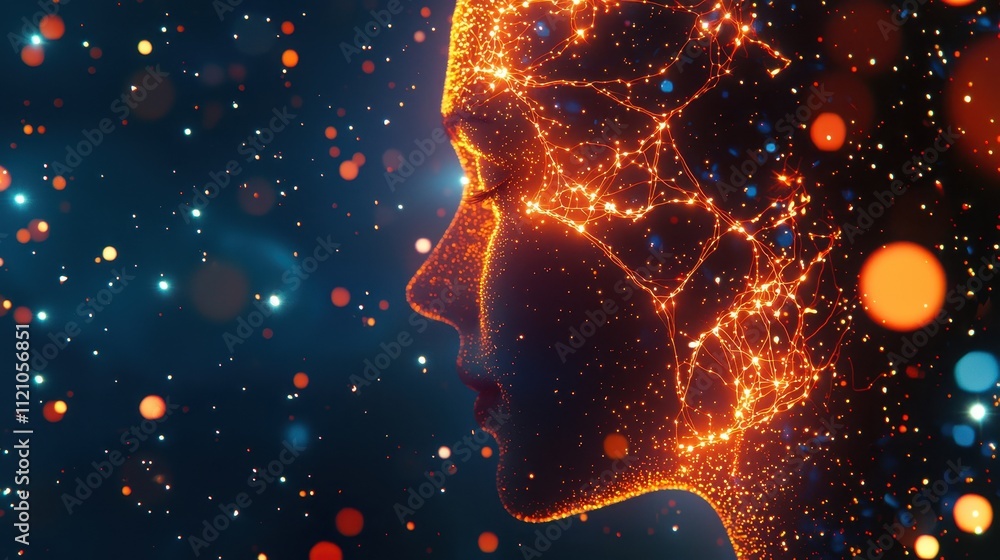Poster illuminated human profile with glowing orange neural patterns and vibrant background effects