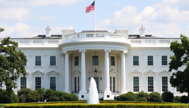 The White House displays its classic architecture and American flag