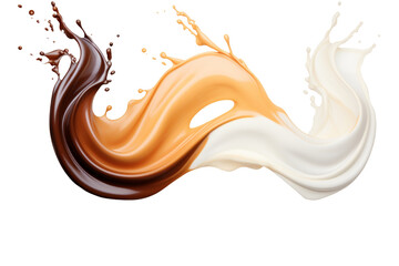 Coffee Chocolate caramel and milk cream splash in dynamic swirl isolated on transparent background.