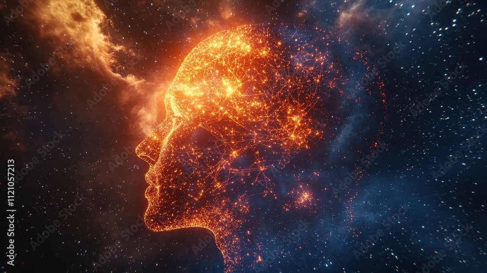 Poster surreal profile of a head filled with glowing interconnected nodes against a cosmic background