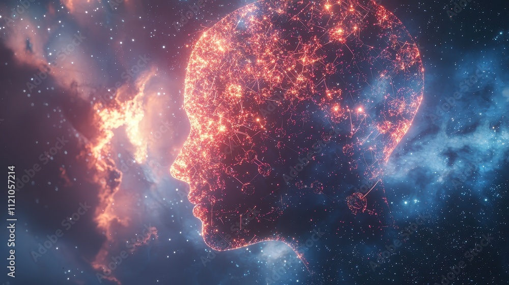 Poster surreal profile of a glowing head filled with cosmic elements and intergalactic patterns