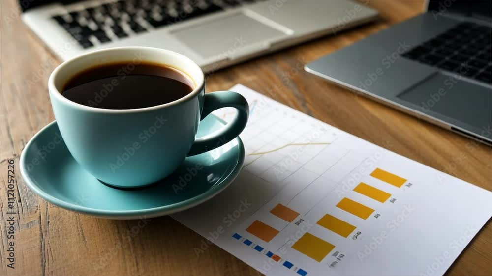 Aufkleber laptop and coffee cup on wooden table create productive workspace, where financial charts and graphs