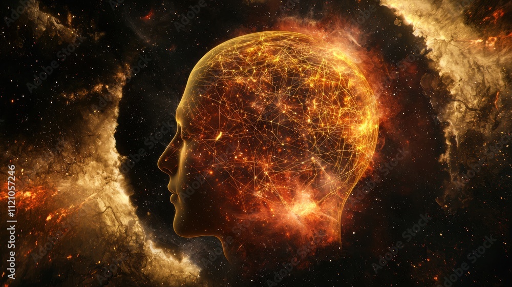 Aufkleber surreal profile of a head filled with soft glowing light and cosmic elements