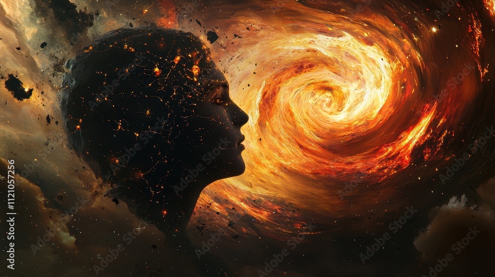 Poster surreal profile of head surrounded by soft glowing elements in a cosmic background