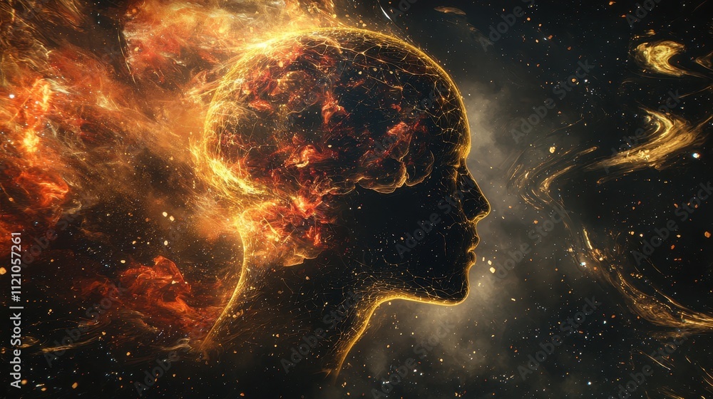 Poster surreal glowing profile of head filled with soft light and cosmic elements