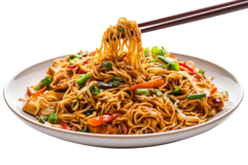 Fried pork instant noodle with herbs and spices pulling up by chopsticks isolated on background.