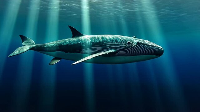 A blue whale surfaces in the open ocean, its immense size capturing the viewer's attention. Efforts to save this marine giant from extinction continue as environmental protections are enforced.